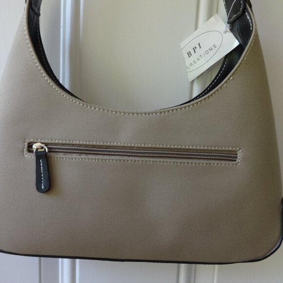 BPI Creations shoulder bag , tan canvas, black faux leather trim, top zip, NWT, - Picture 4 of 16